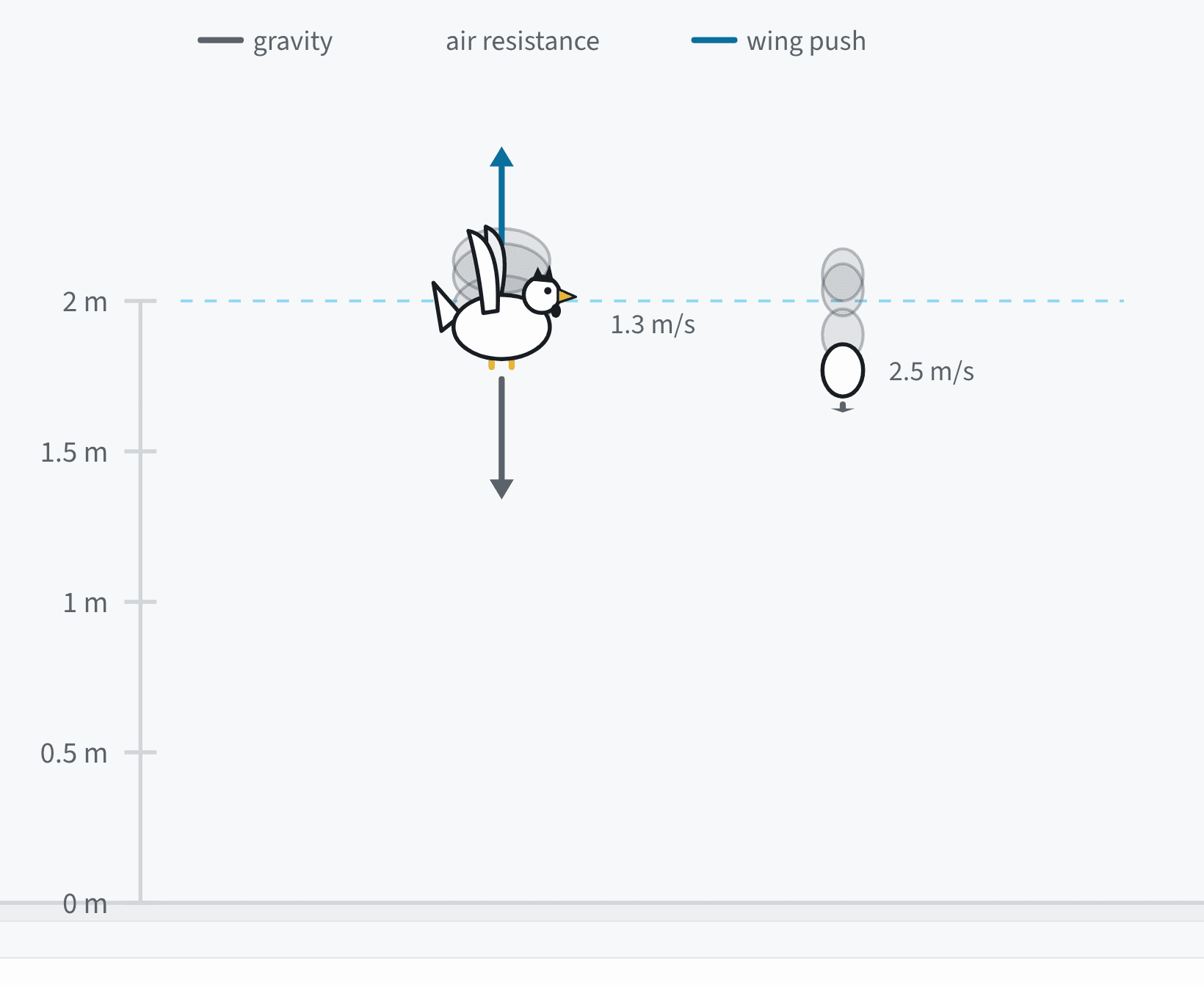 The chicken or the egg race in the station. The chicken flaps near the top with a blue wing push arrow pointing up and a gravity arrow pointing down, while the egg falls faster beside her.