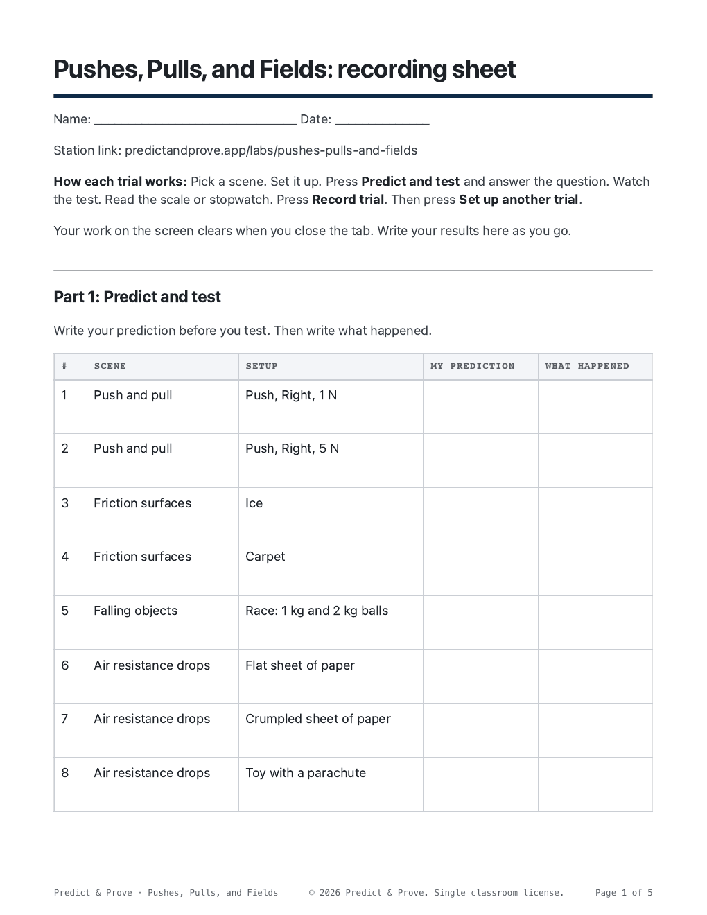 Page one of the matching printable recording sheet, with a prediction table for each trial.